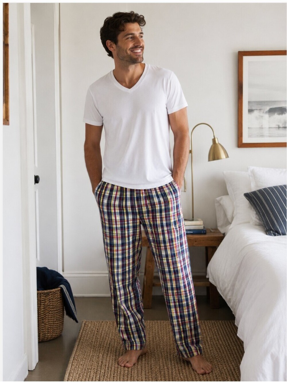 Sleepy Jones Plaid Pajama Pants Navy Red Yellow Cotton Men's Medium